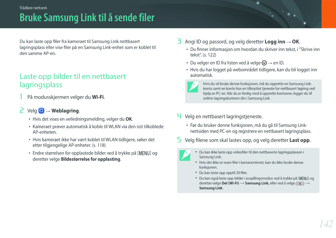 Samsung EV-NXF1ZZB1QDK manual 142, Laste opp bilder til en nettbasert lagringsplass, Velg en nettbasert lagringstjeneste 