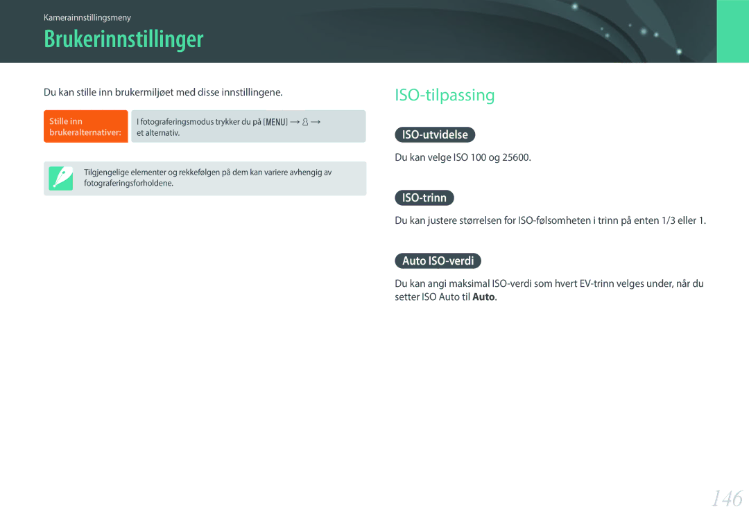 Samsung EV-NXF1ZZB1QSE, EV-NXF1ZZB1HSE, EV-NXF1ZZB1KDK, EV-NXF1ZZB2IDK manual Brukerinnstillinger, 146, ISO-tilpassing 