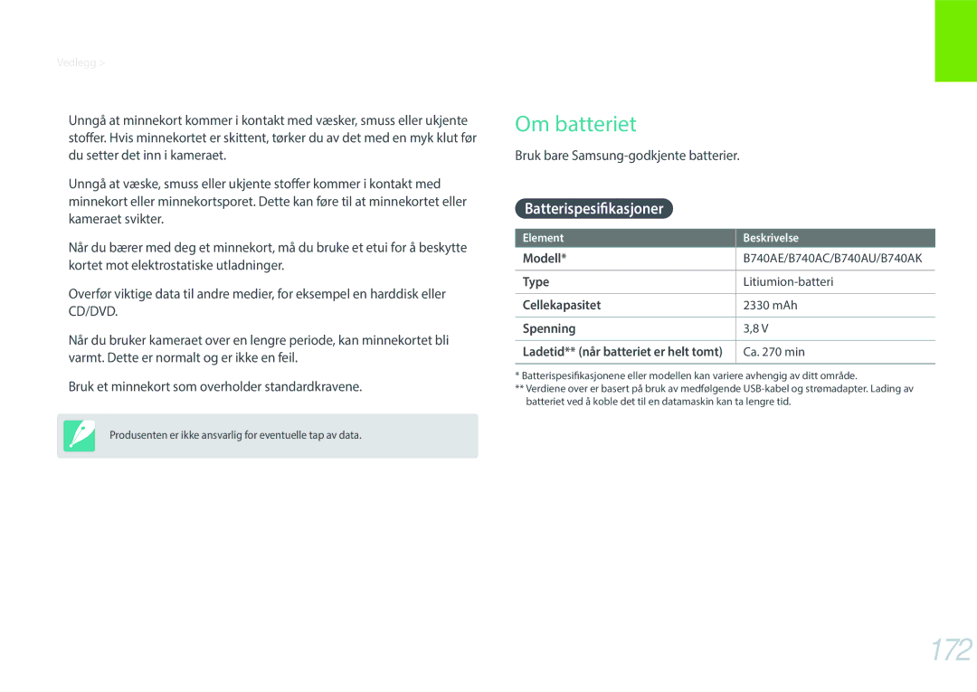 Samsung EV-NXF1ZZB2IDK, EV-NXF1ZZB1HSE, EV-NXF1ZZB1KDK, EV-NXF1ZZB1QSE manual 172, Om batteriet, Batterispesifikasjoner 