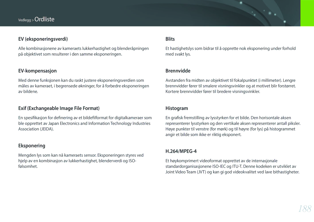 Samsung EV-NXF1ZZB1HSE, EV-NXF1ZZB1KDK, EV-NXF1ZZB2IDK, EV-NXF1ZZB1QSE, EV-NXF1ZZB2HDK manual 188, EV eksponeringsverdi 