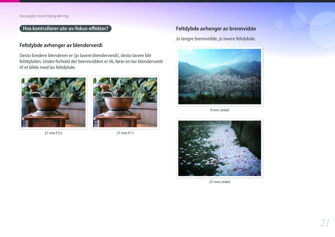 Samsung EV-NXF1ZZB2HDK, EV-NXF1ZZB1HSE, EV-NXF1ZZB1KDK, EV-NXF1ZZB2IDK manual Hva kontrollerer ute-av-fokus-effekter? 