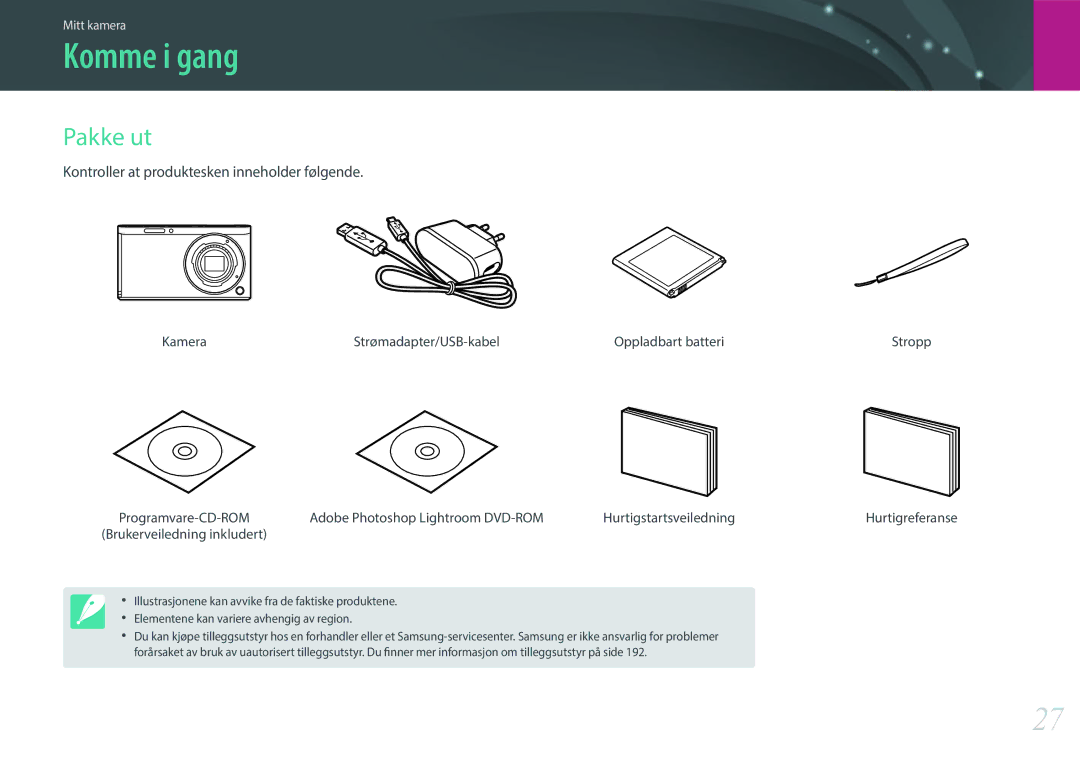 Samsung EV-NXF1ZZB1KDK, EV-NXF1ZZB1HSE manual Komme i gang, Pakke ut, Kamera Strømadapter/USB-kabel Oppladbart batteri 