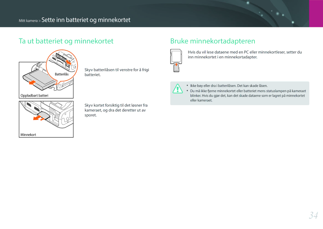 Samsung EV-NXF1ZZB1QDK, EV-NXF1ZZB1HSE, EV-NXF1ZZB1KDK manual Ta ut batteriet og minnekortet Bruke minnekortadapteren 