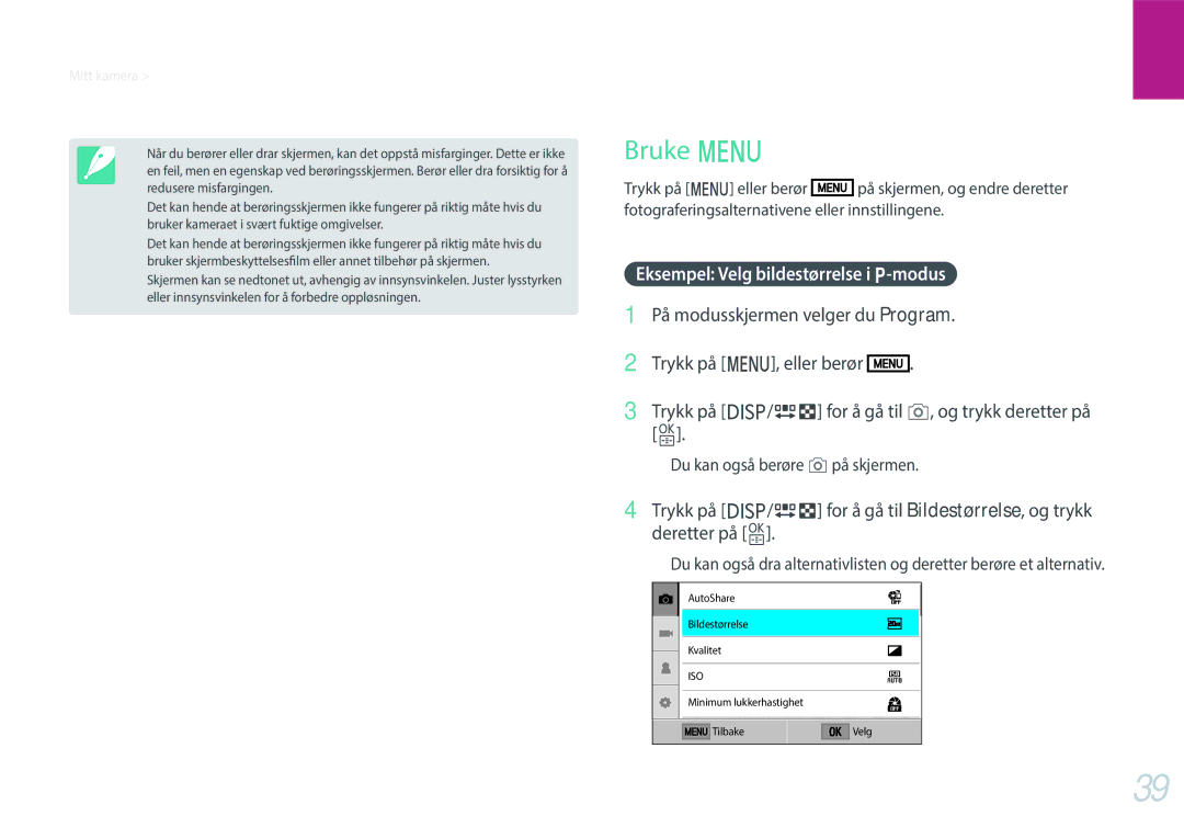 Samsung EV-NXF1ZZB2HDK, EV-NXF1ZZB1HSE, EV-NXF1ZZB1KDK, EV-NXF1ZZB2IDK manual Bruke m, Eksempel Velg bildestørrelse i P-modus 