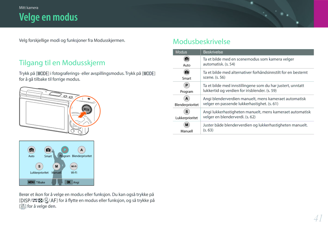 Samsung EV-NXF1ZZB1HDK, EV-NXF1ZZB1HSE, EV-NXF1ZZB1KDK manual Velge en modus, Tilgang til en Modusskjerm, Modusbeskrivelse 