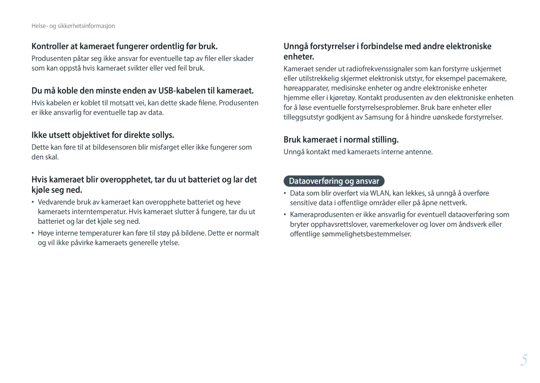 Samsung EV-NXF1ZZB1HDK, EV-NXF1ZZB1HSE manual Kontroller at kameraet fungerer ordentlig før bruk, Dataoverføring og ansvar 