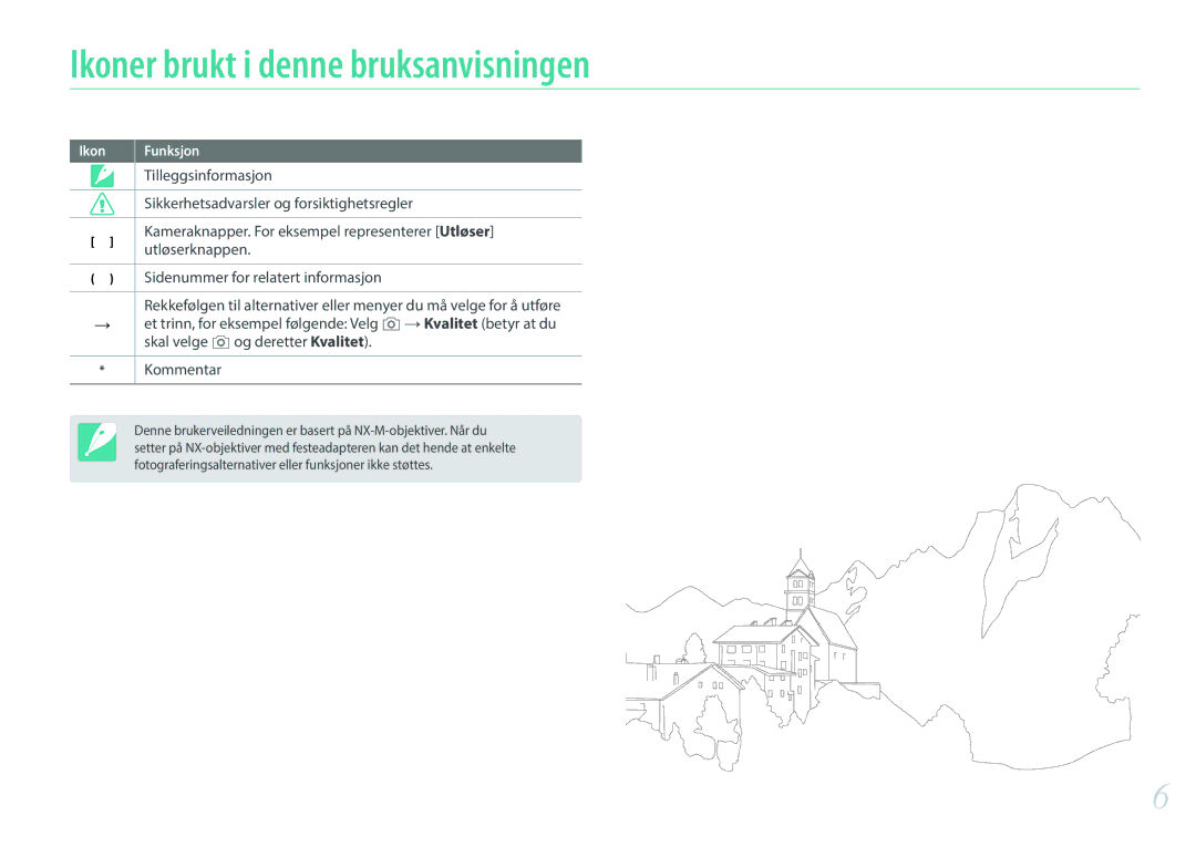 Samsung EV-NXF1ZZB1ISE, EV-NXF1ZZB1HSE manual Ikoner brukt i denne bruksanvisningen, Tilleggsinformasjon, Utløserknappen 