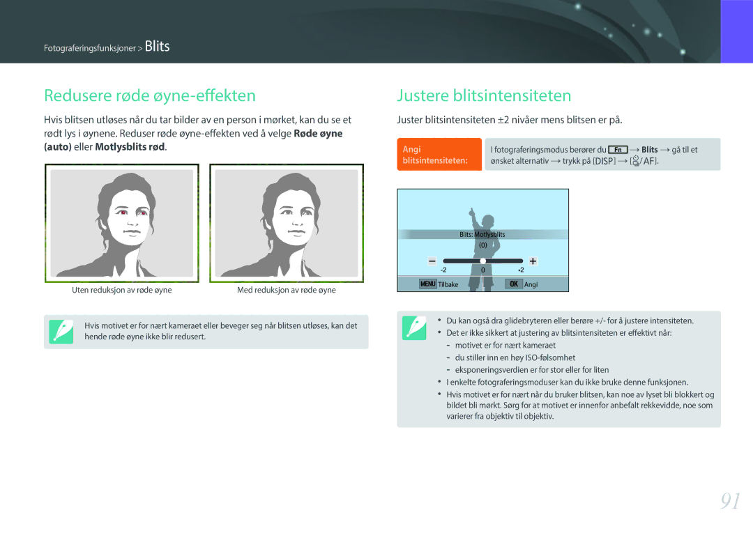 Samsung EV-NXF1ZZB2IDK, EV-NXF1ZZB1HSE, EV-NXF1ZZB1KDK manual Redusere røde øyne-effekten, Justere blitsintensiteten 