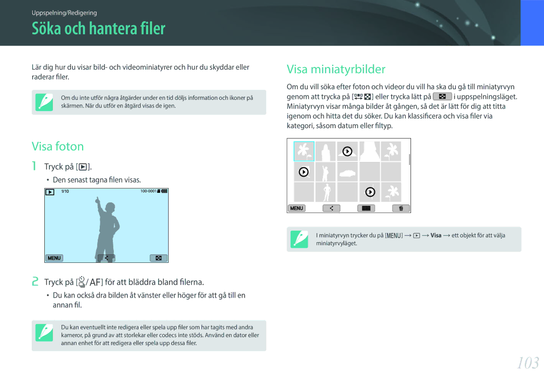 Samsung EV-NXF1ZZB2ISE, EV-NXF1ZZB1HSE, EV-NXF1ZZB1KDK manual Söka och hantera filer, 103, Visa foton, Visa miniatyrbilder 