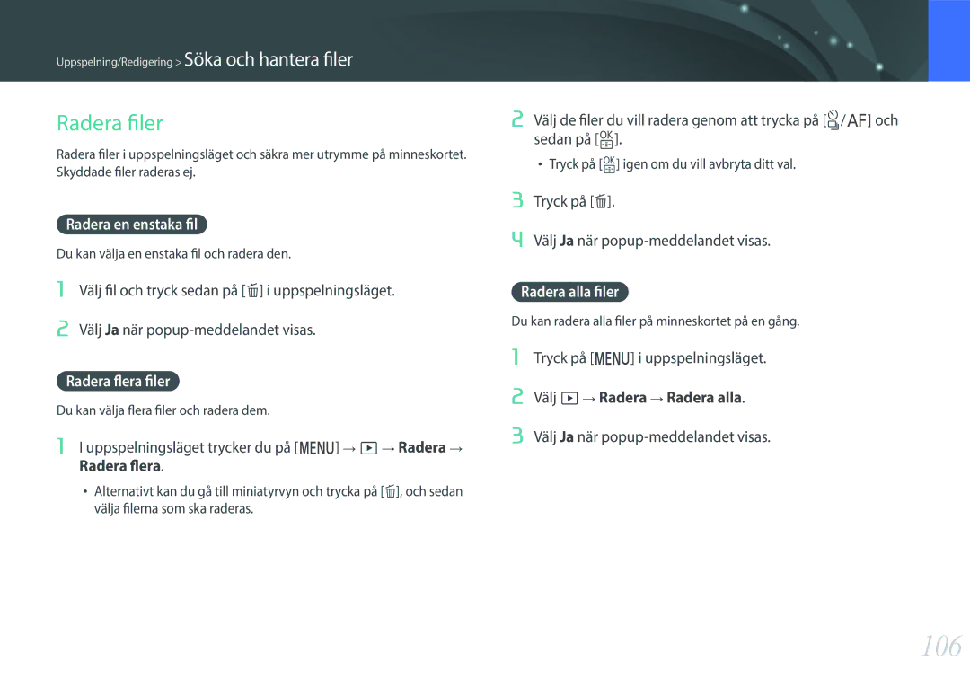 Samsung EV-NXF1ZZB1QDK, EV-NXF1ZZB1HSE 106, Radera filer, Radera en enstaka fil, Radera flera filer, Radera alla filer 