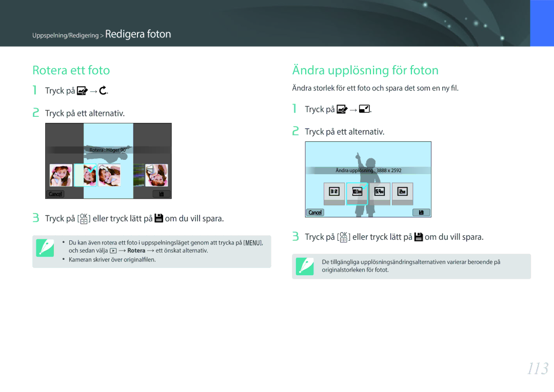 Samsung EV-NXF1ZZB1HDK, EV-NXF1ZZB1HSE 113, Rotera ett foto, Ändra upplösning för foton, Tryck på Tryck på ett alternativ 