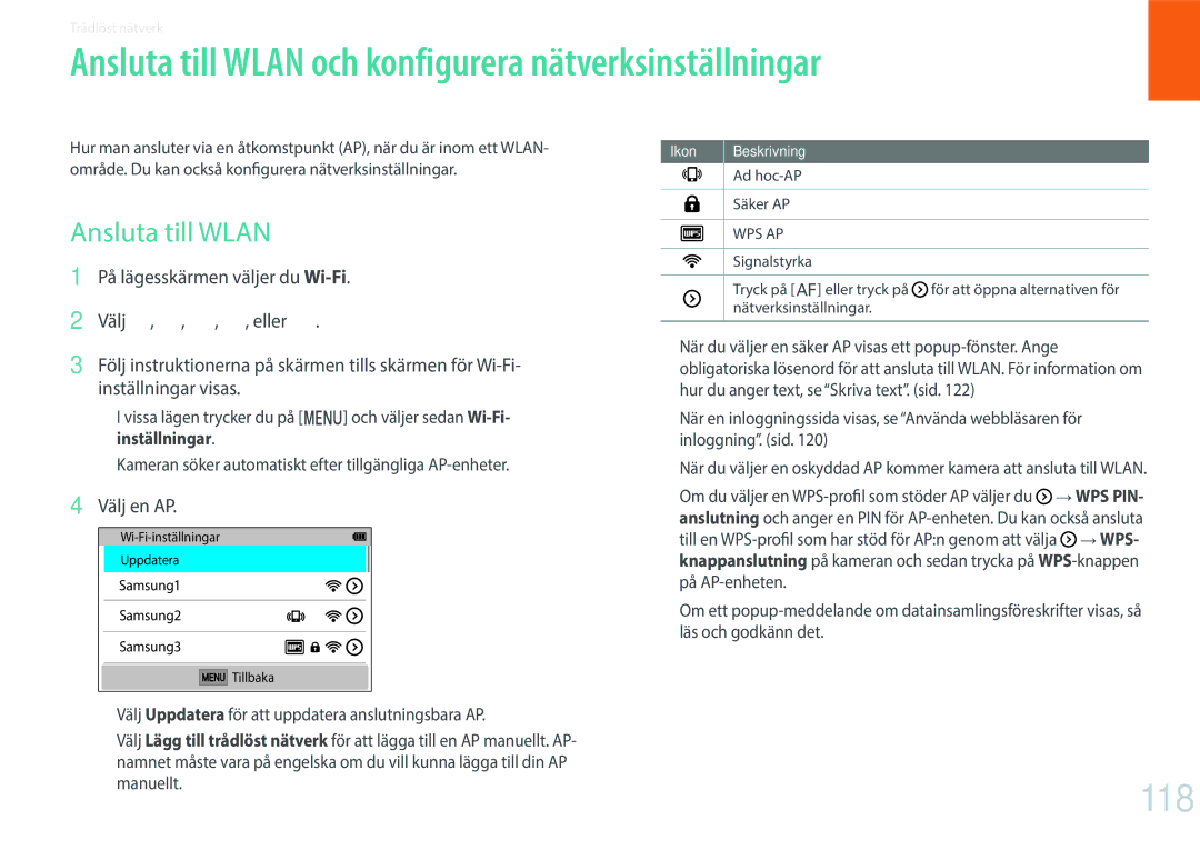 Samsung EV-NXF1ZZB2IDK, EV-NXF1ZZB1HSE manual Ansluta till Wlan och konfigurera nätverksinställningar, 118, Välj en AP 