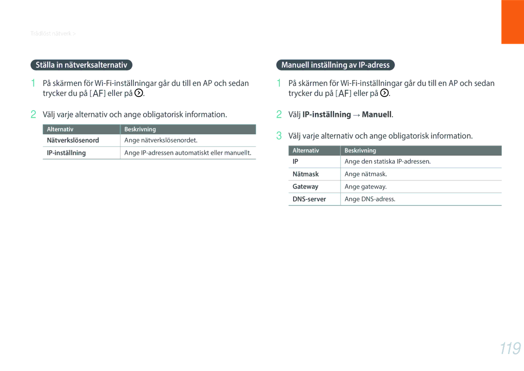 Samsung EV-NXF1ZZB1QSE, EV-NXF1ZZB1HSE, EV-NXF1ZZB1KDK 119, Ställa in nätverksalternativ, Manuell inställning av IP-adress 