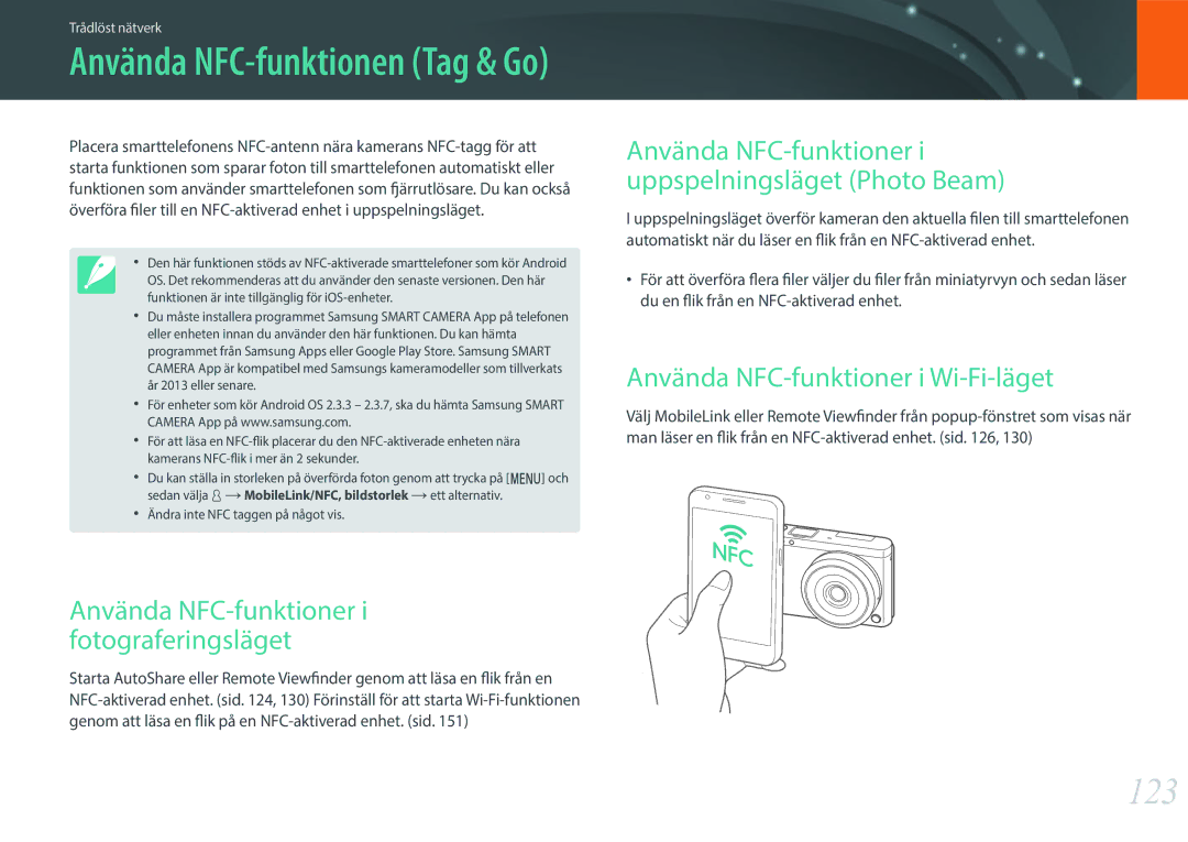 Samsung EV-NXF1ZZB1ISE manual 123, Använda NFC-funktioner i fotograferingsläget, Använda NFC-funktioner i Wi-Fi-läget 