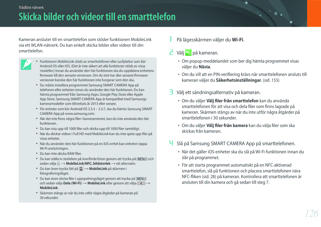 Samsung EV-NXF1ZZB1KDK Skicka bilder och videor till en smarttelefon, 126, På lägesskärmen väljer du Wi-Fi Välj på kameran 