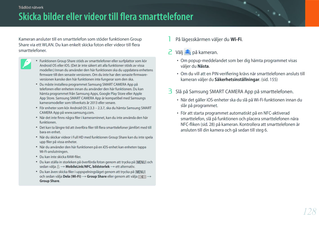 Samsung EV-NXF1ZZB1QSE, EV-NXF1ZZB1HSE, EV-NXF1ZZB1KDK manual Skicka bilder eller videor till flera smarttelefoner, 128 