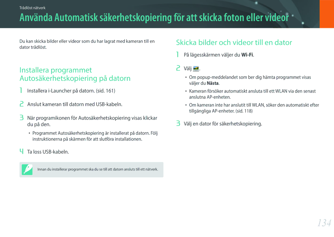 Samsung EV-NXF1ZZB1HSE, EV-NXF1ZZB1KDK 134, Skicka bilder och videor till en dator, På lägesskärmen väljer du Wi-Fi Välj 