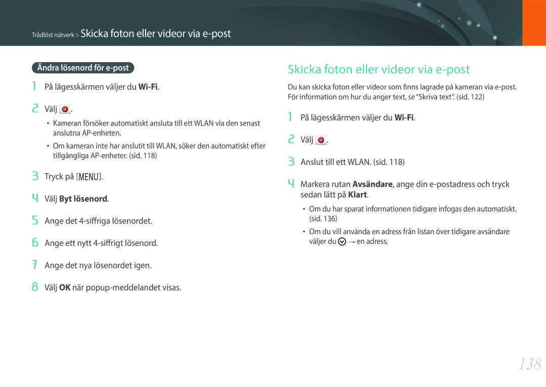 Samsung EV-NXF1ZZB2HDK, EV-NXF1ZZB1HSE, EV-NXF1ZZB1KDK 138, Skicka foton eller videor via e-post, Ändra lösenord för e-post 