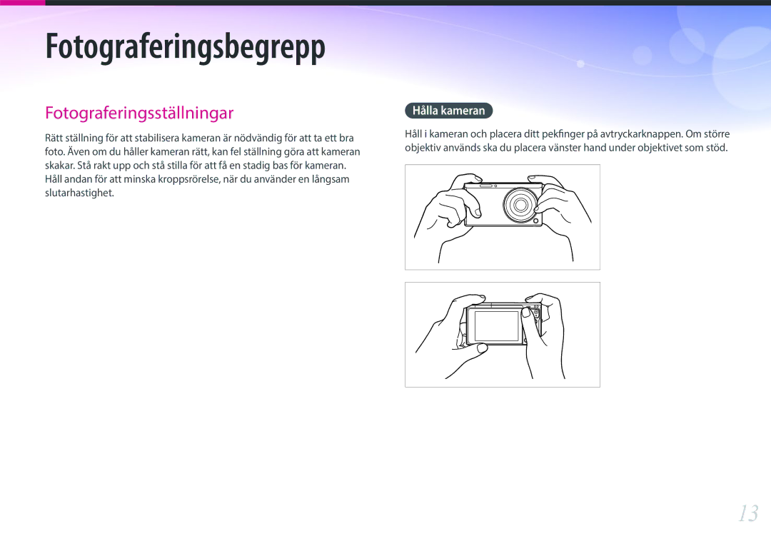 Samsung EV-NXF1ZZB2ISE, EV-NXF1ZZB1HSE, EV-NXF1ZZB1KDK, EV-NXF1ZZB2IDK, EV-NXF1ZZB1QSE Fotograferingsbegrepp, Hålla kameran 