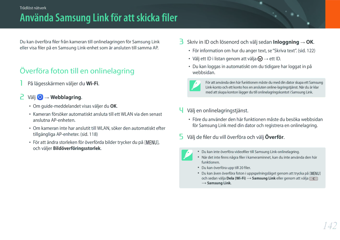 Samsung EV-NXF1ZZB1QDK, EV-NXF1ZZB1HSE, EV-NXF1ZZB1KDK, EV-NXF1ZZB2IDK manual 142, Överföra foton till en onlinelagring 