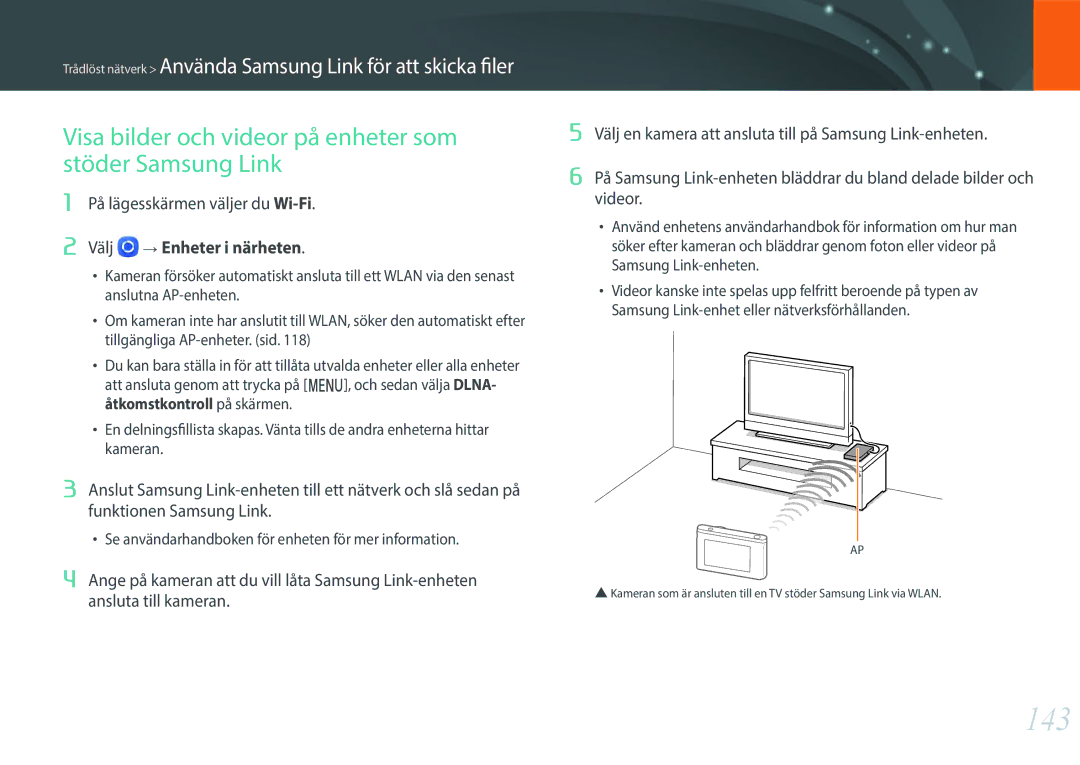 Samsung EV-NXF1ZZB1HSE, EV-NXF1ZZB1KDK, EV-NXF1ZZB2IDK manual 143, Visa bilder och videor på enheter som stöder Samsung Link 