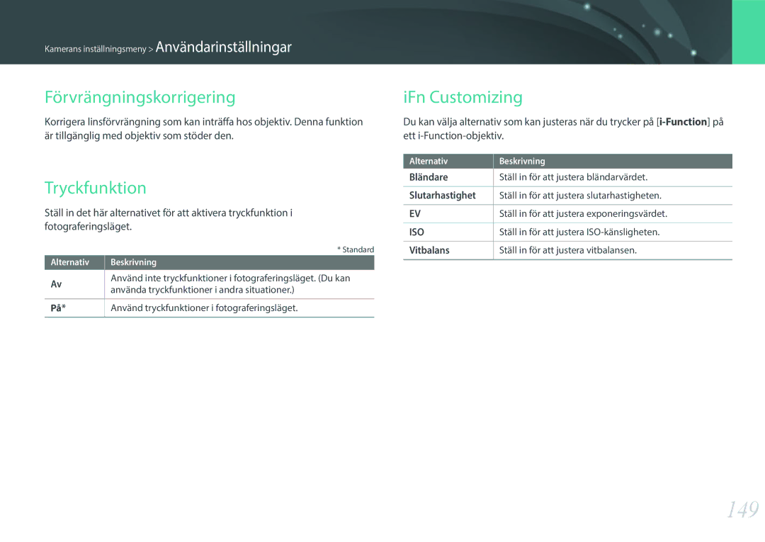 Samsung EV-NXF1ZZB1HDK, EV-NXF1ZZB1HSE, EV-NXF1ZZB1KDK manual 149, Förvrängningskorrigering, Tryckfunktion, IFn Customizing 
