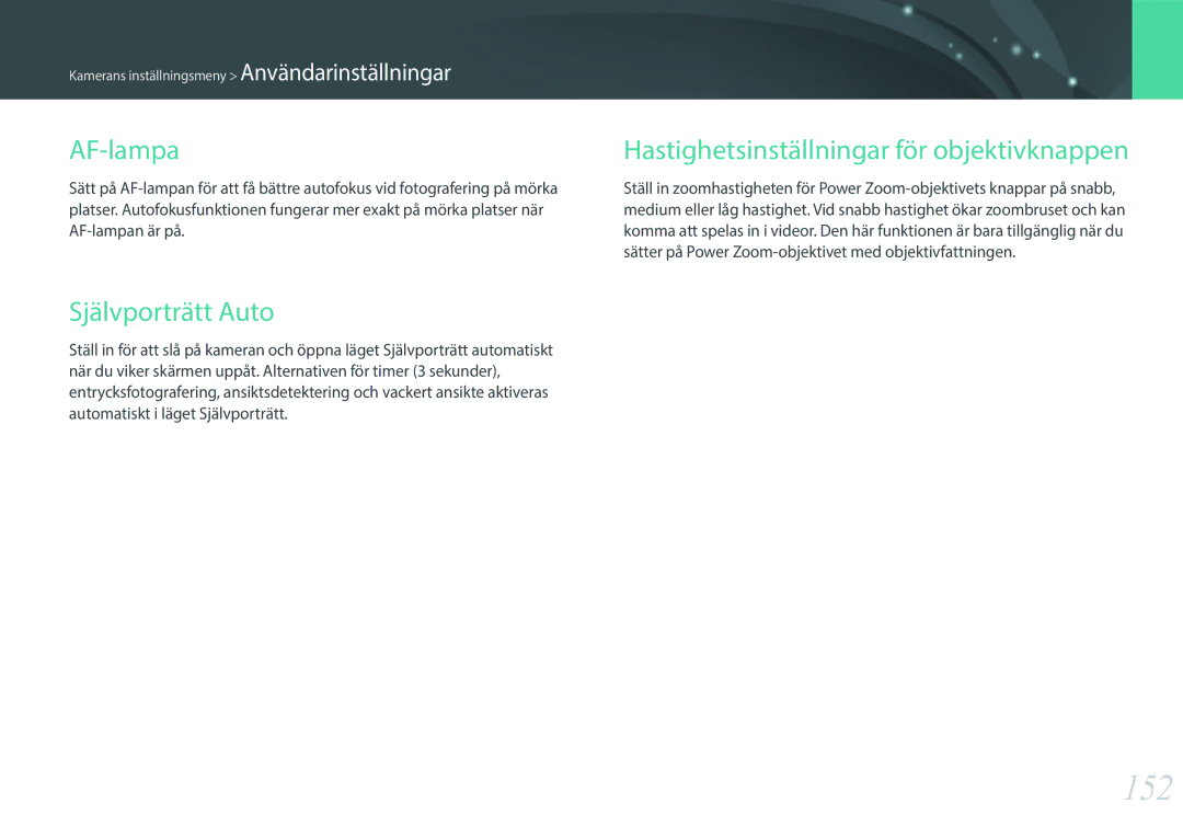 Samsung EV-NXF1ZZB1HSE, EV-NXF1ZZB1KDK manual 152, AF-lampa, Självporträtt Auto, Hastighetsinställningar för objektivknappen 