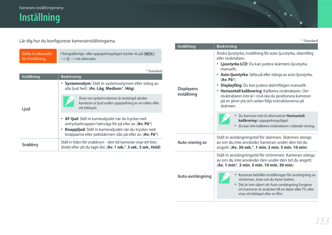 Samsung EV-NXF1ZZB1KDK, EV-NXF1ZZB1HSE, EV-NXF1ZZB2IDK Inställning, 153, Lär dig hur du konfigurerar kamerainställningarna 