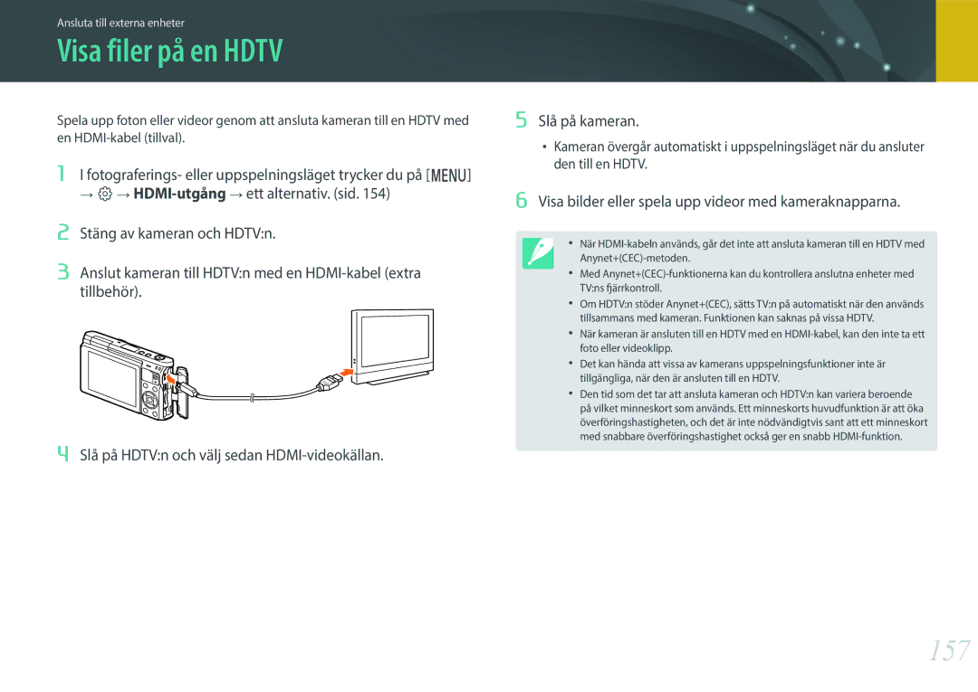 Samsung EV-NXF1ZZB2ISE, EV-NXF1ZZB1HSE Visa filer på en Hdtv, 157, Visa bilder eller spela upp videor med kameraknapparna 