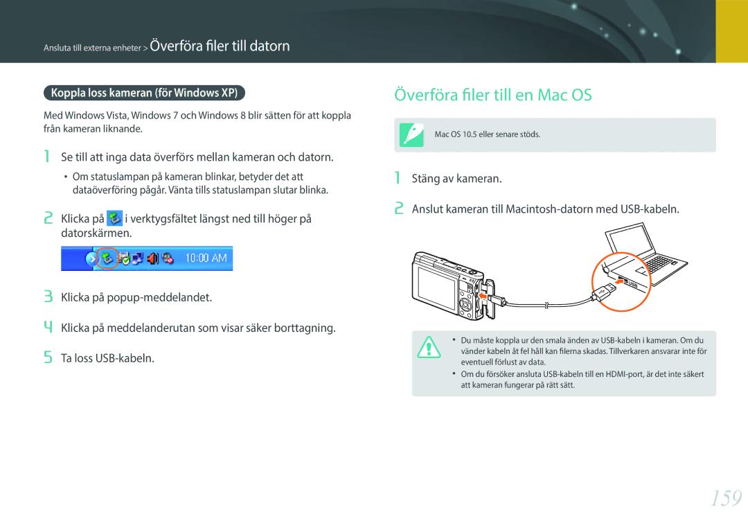 Samsung EV-NXF1ZZB1ISE, EV-NXF1ZZB1HSE manual 159, Överföra filer till en Mac OS, Koppla loss kameran för Windows XP 