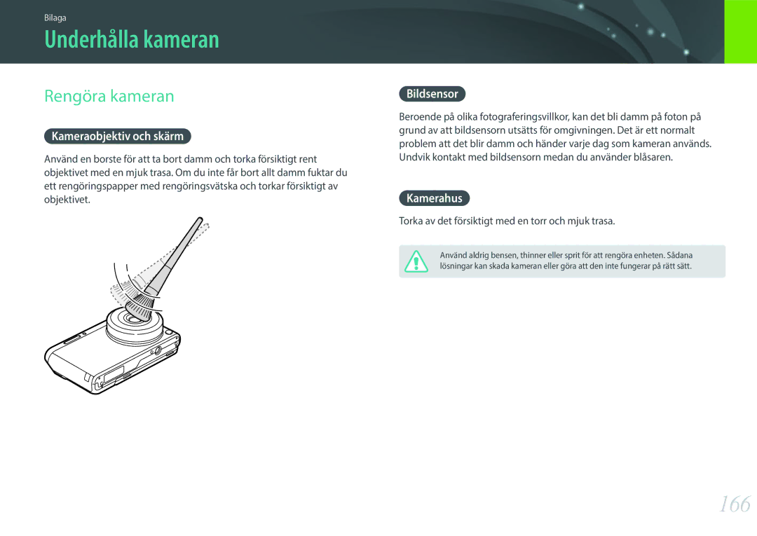 Samsung EV-NXF1ZZB2ISE, EV-NXF1ZZB1HSE, EV-NXF1ZZB1KDK, EV-NXF1ZZB2IDK manual Underhålla kameran, 166, Rengöra kameran 