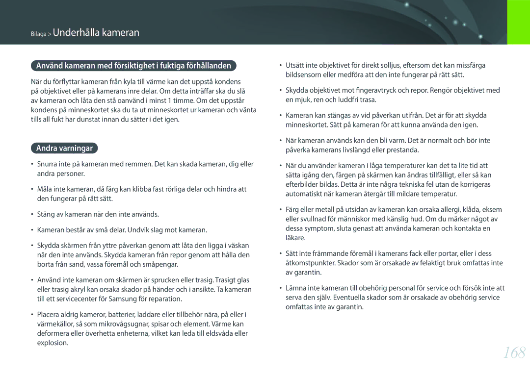 Samsung EV-NXF1ZZB1ISE, EV-NXF1ZZB1HSE manual 168, Använd kameran med försiktighet i fuktiga förhållanden, Andra varningar 