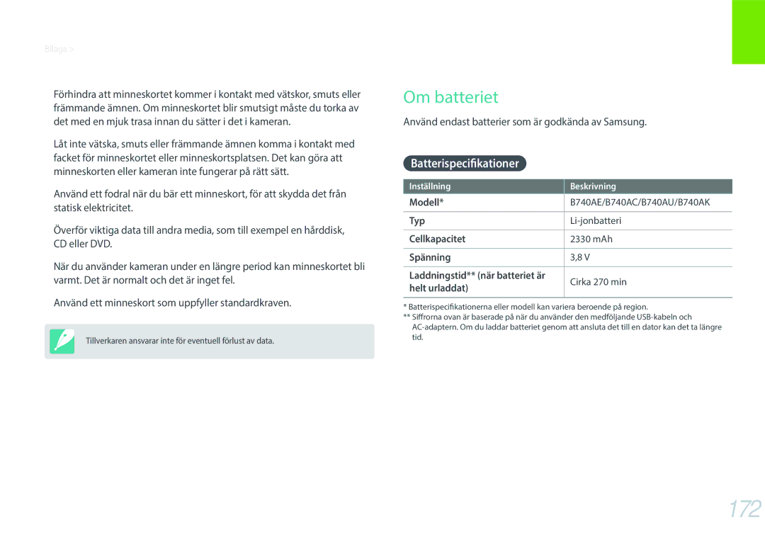 Samsung EV-NXF1ZZB2IDK manual 172, Om batteriet, Batterispecifikationer, Använd endast batterier som är godkända av Samsung 