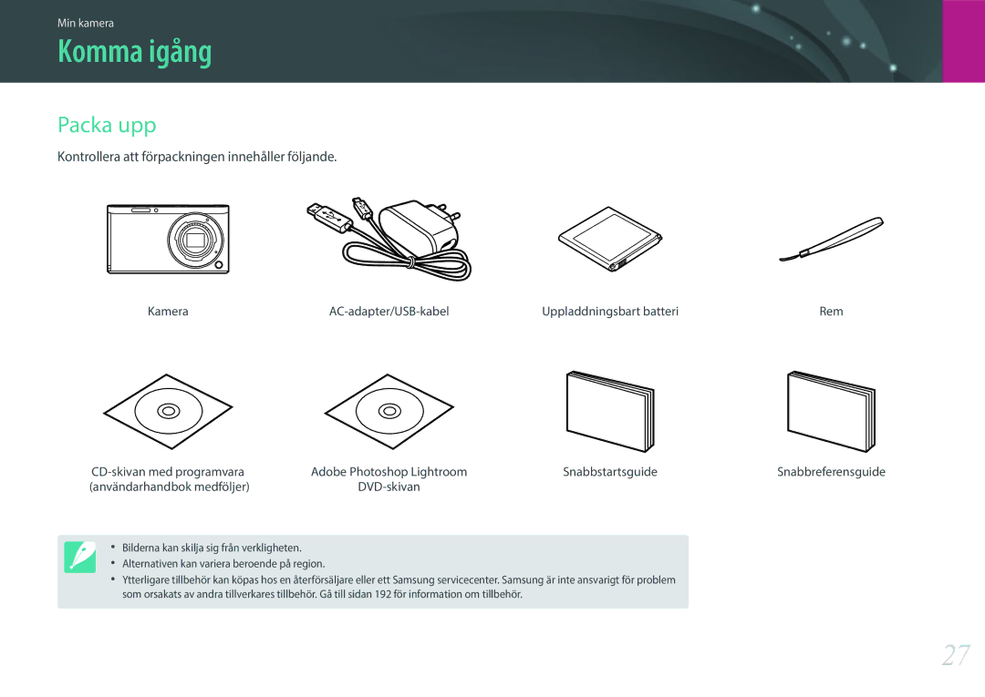 Samsung EV-NXF1ZZB1KDK manual Komma igång, Packa upp, Kontrollera att förpackningen innehåller följande, Snabbstartsguide 