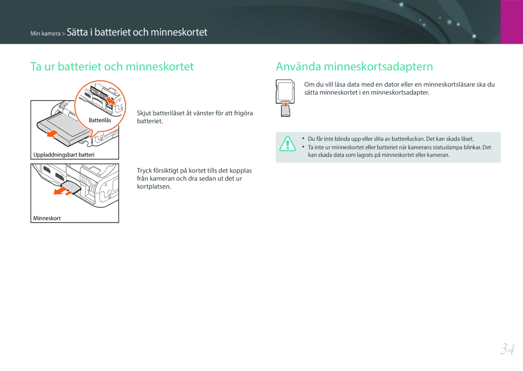 Samsung EV-NXF1ZZB1QDK, EV-NXF1ZZB1HSE, EV-NXF1ZZB1KDK manual Ta ur batteriet och minneskortet Använda minneskortsadaptern 