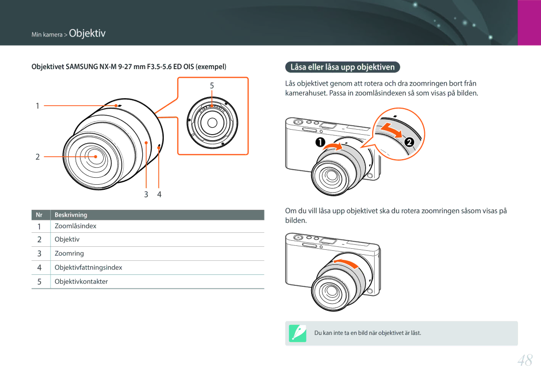 Samsung EV-NXF1ZZB2HDK, EV-NXF1ZZB1HSE, EV-NXF1ZZB1KDK, EV-NXF1ZZB2IDK, EV-NXF1ZZB1QSE manual Låsa eller låsa upp objektiven 