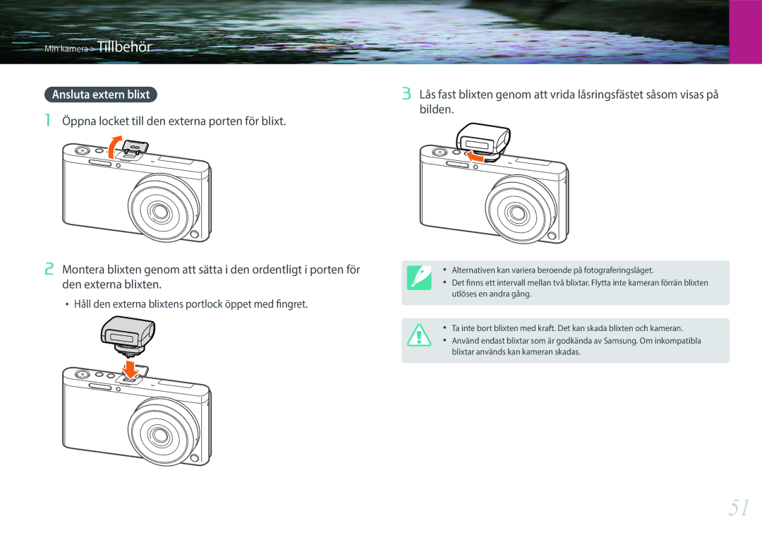 Samsung EV-NXF1ZZB1ISE, EV-NXF1ZZB1HSE, EV-NXF1ZZB1KDK manual Bilden, Håll den externa blixtens portlock öppet med fingret 