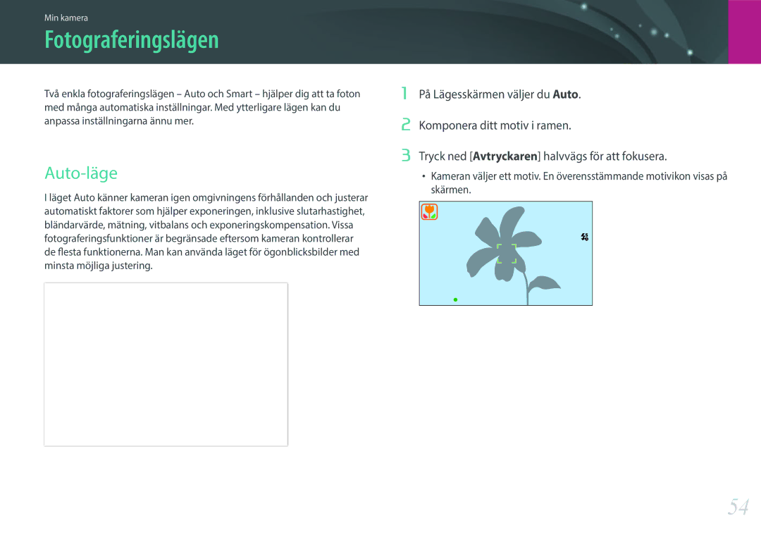 Samsung EV-NXF1ZZB1KDK, EV-NXF1ZZB1HSE, EV-NXF1ZZB2IDK, EV-NXF1ZZB1QSE, EV-NXF1ZZB2HDK manual Fotograferingslägen, Auto-läge 