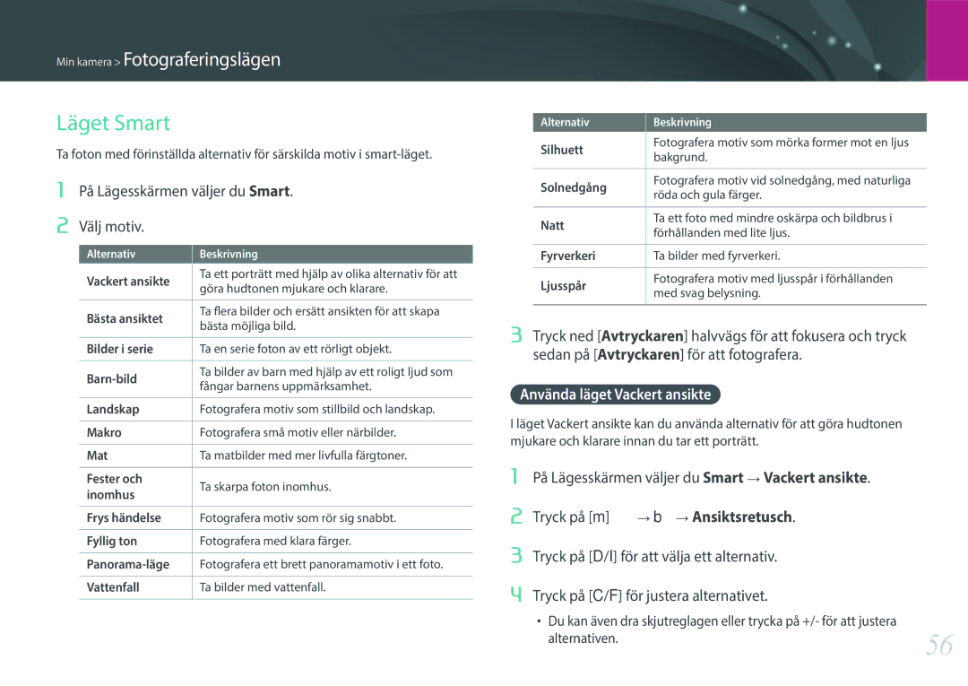 Samsung EV-NXF1ZZB1QSE manual Läget Smart, På Lägesskärmen väljer du Smart Välj motiv, Använda läget Vackert ansikte 