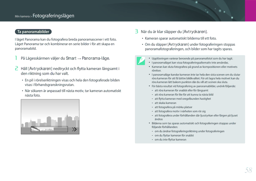 Samsung EV-NXF1ZZB2ISE, EV-NXF1ZZB1HSE, EV-NXF1ZZB1KDK manual Ta panoramabilder, När du är klar släpper du Avtryckaren 