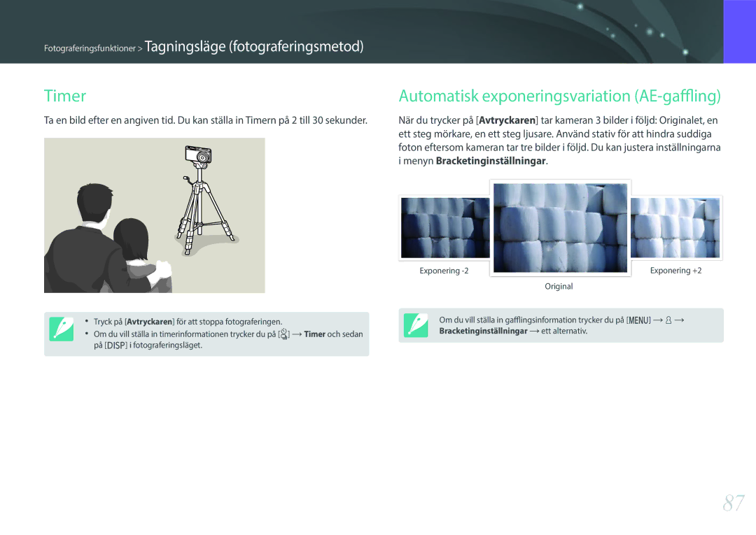 Samsung EV-NXF1ZZB1ISE, EV-NXF1ZZB1HSE, EV-NXF1ZZB1KDK, EV-NXF1ZZB2IDK Timer, Automatisk exponeringsvariation AE-gaffling 