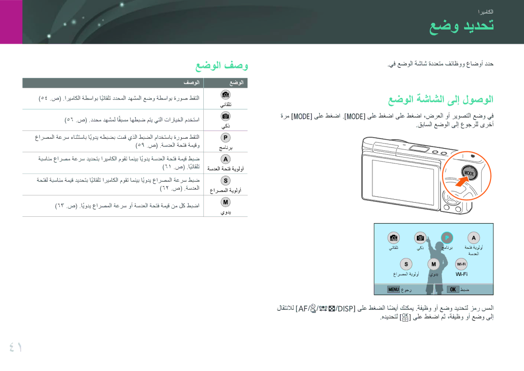 Samsung EV-NXF1ZZG1KME manual عضو ديدحت, عضولا فصو, عضولا ةشاشلا ىلإ لوصولا, يف عضولا ةشاش ةددعتم فئاظوو عاضوأ ددح 