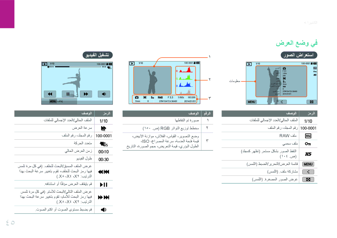 Samsung EV-NXF1ZZB1HWI, EV-NXF1ZZB1IJO, EV-NXF1ZZB3KSA, EV-NXF1ZZG1HME manual ضرعلا عضو يف, ويديفلا ليغشت, روصلا ضارعتسا 