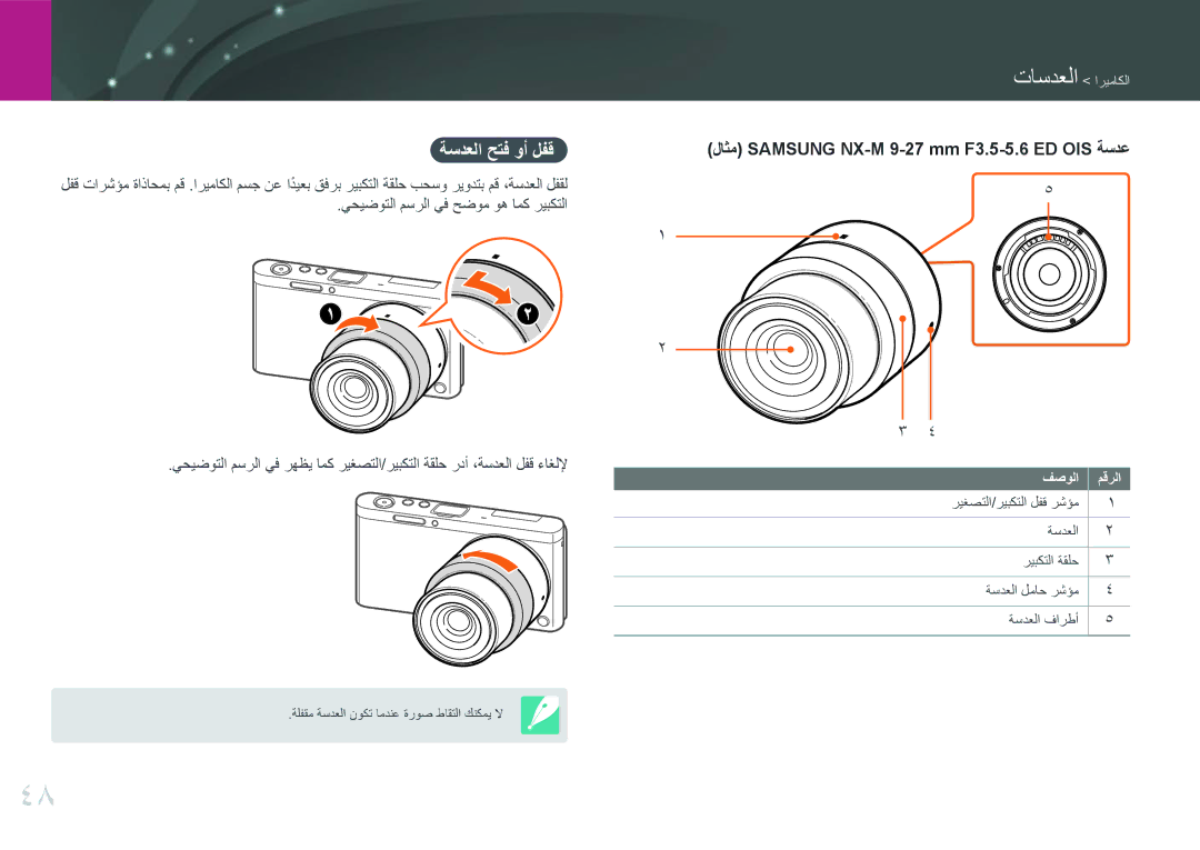 Samsung EV-NXF1ZZG1HME, EV-NXF1ZZB1IJO, EV-NXF1ZZB3KSA ةسدعلا حتف وأ لفق, لاثم Samsung NX-M 9-27 mm F3.5-5.6 ED OIS ةسدع 