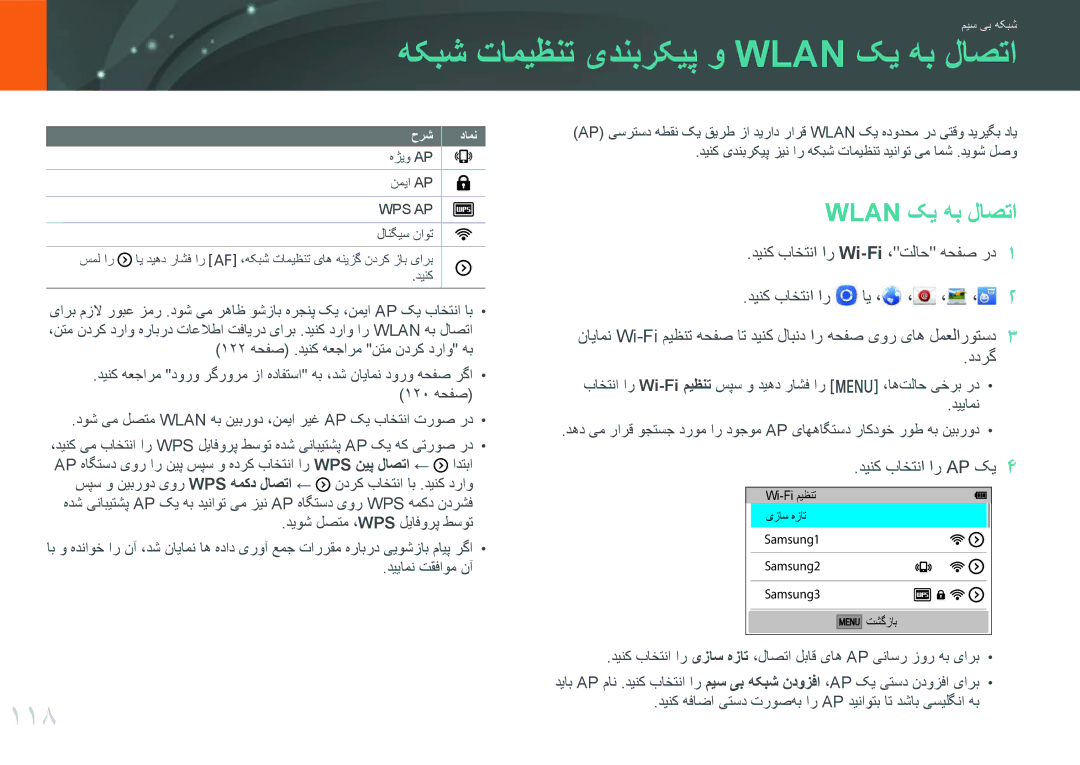 Samsung EV-NXF1ZZB1QJO, EV-NXF1ZZB1IJO, EV-NXF1ZZB3KSA هکبش تامیظنت یدنبرکیپ و Wlan کی هب لاصتا, 118, دینک باختنا ار Ap کی 