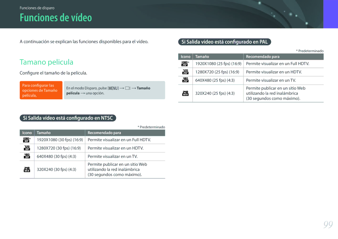 Samsung EV-NXF1ZZB1KES, EV-NXF1ZZB1QES manual Funciones de vídeo, Tamano pelicula, Si Salida vídeo está configurado en Ntsc 