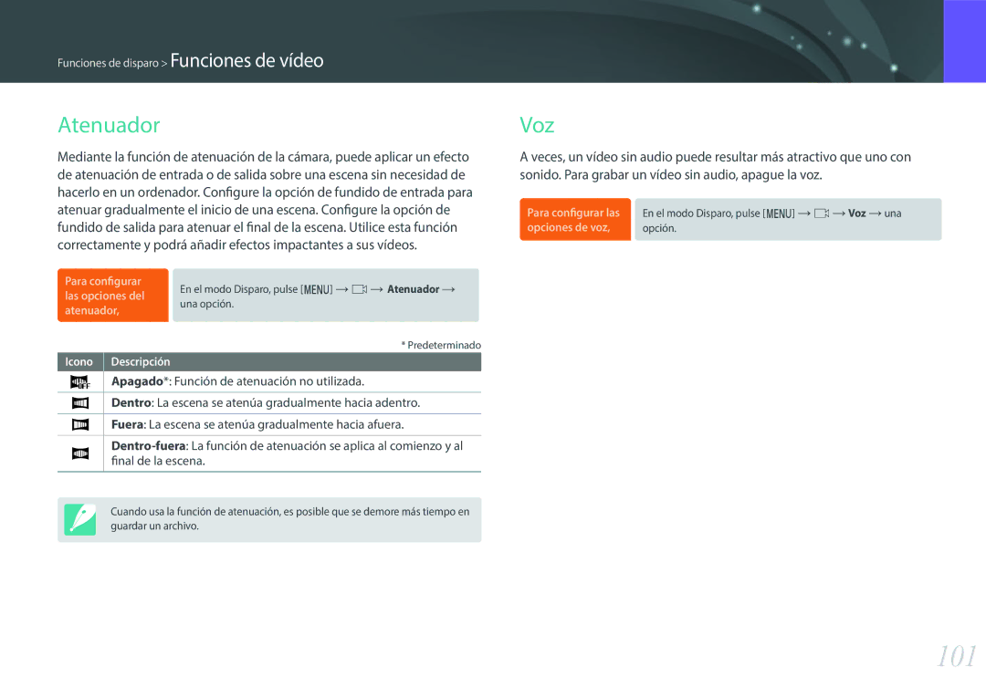 Samsung EV-NXF1ZZB1HES, EV-NXF1ZZB1KES, EV-NXF1ZZB1QES, EV-NXF1ZZB1JES manual 101, Atenuador, Voz 