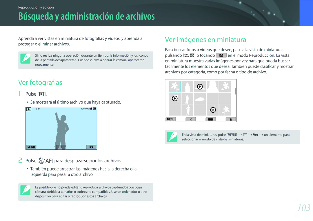 Samsung EV-NXF1ZZB1KES, EV-NXF1ZZB1QES, EV-NXF1ZZB1HES manual 103, Ver fotografías, Ver imágenes en miniatura, Pulse y 