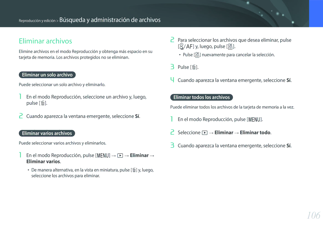 Samsung EV-NXF1ZZB1JES, EV-NXF1ZZB1KES manual 106, Eliminar archivos, Eliminar un solo archivo, Eliminar varios archivos 