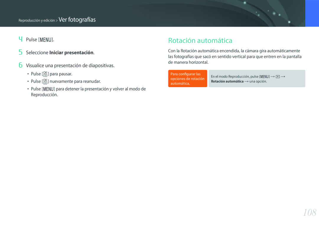 Samsung EV-NXF1ZZB1QES, EV-NXF1ZZB1KES manual 108, Rotación automática, Pulse m, Visualice una presentación de diapositivas 